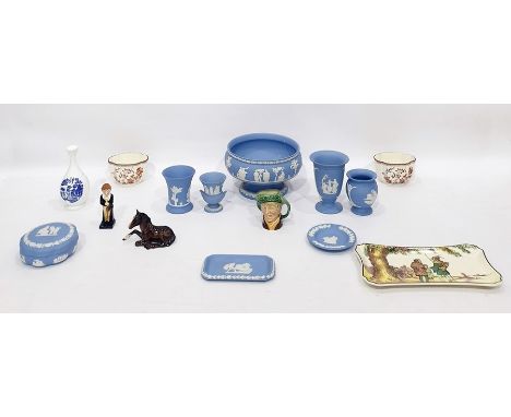 Wedgwood blue jasperware, Royal Doulton figure of David Copperfied etc (one shelf)