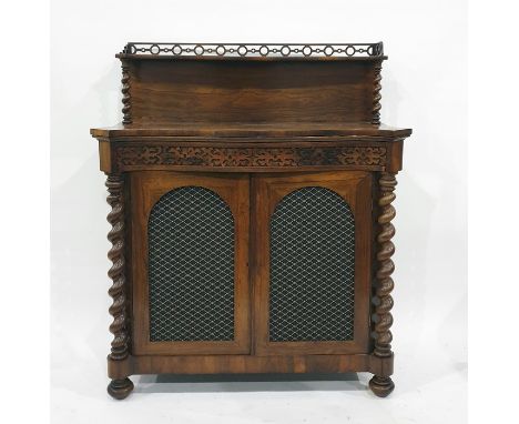 19th century rosewood serpentine fronted chiffonier, the three-quarter galleried back shelf with barley twist supports and lo