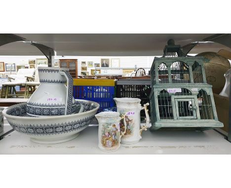 Painted wood ornamental birdcage/plant holder, pair of Victorian graduated jugs, assorted plates, large ewer and basin with s