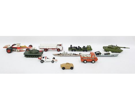 Box of assorted model vehicles to include Dinky Toys Chieftain Tank, Dinky Toys Leopard Tank, Matchbox Sea Kings K-303 Battle