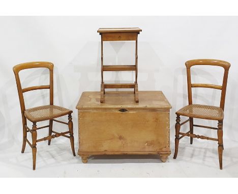 Pine trunk, two cane seated chairs and a side table with single drawer (4)