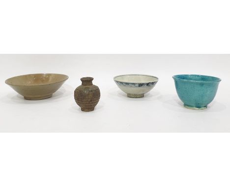 Early Chinese small bowl with blue scroll brown bands on a grey ground, 13cm dia., small turquoise glazed bowl, stoneware bow