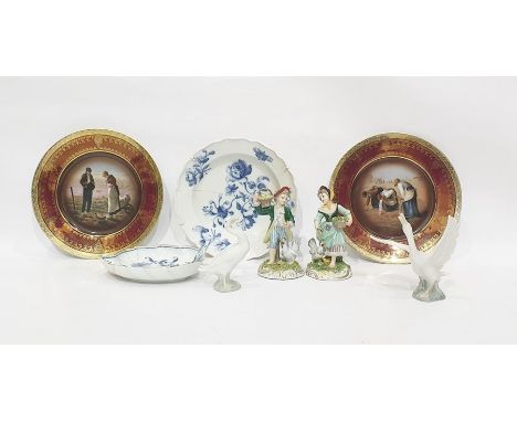 Two Lladro porcelain model birds, two underglaze blue decorated Meissen dishes (damaged), pair porcelain figures and a pair o