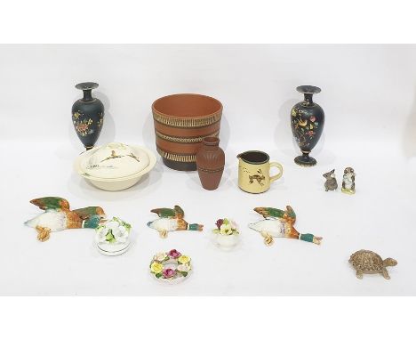 Pair Carltonware black ground footed vases, each of shouldered ovoid form with chinoiserie bird and branches decoration, 24cm