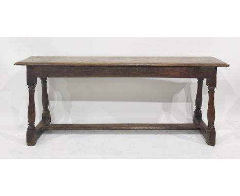 Possibly late 19th century oak bench of rectangular form on turned supports to block feet and stretchered base, 132.5cmsCondi