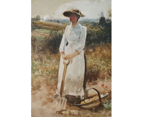 John R Reid (1851-1925)Watercolour drawingWoman working in a field holding a fork, a trug of potatoes beside her, signed vers