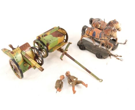 An Elastolin tin plate horse drawn limber and gun carriage with two British Army soldiers