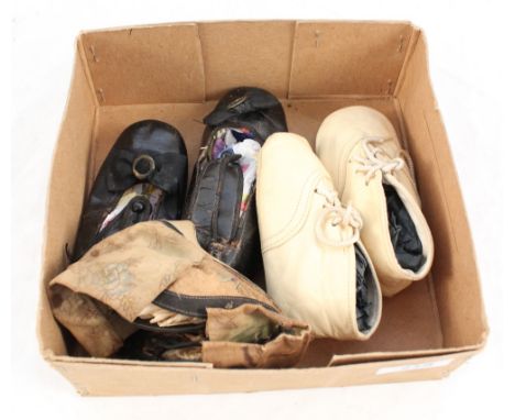 Two pairs of vintage childs leather shoes plus a pair of Chinese silk boots