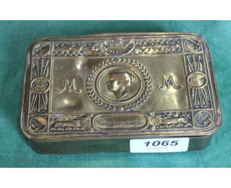 A WWI Queen Mary gift tin containing two military pocket watches (as found) plus a womens Land Army badge