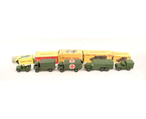 Five boxed Dinky Army die cast models, 623 covered wagon, 626 ambulance, 677 armoured command vehicle, 674 Austin Champ and 6