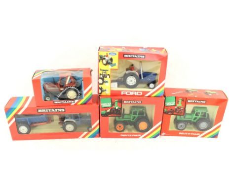 Five Britains tractors, 9527 Fiat half track, 9516 Ford tractor and yard scraper, 9630 Ford with dump truck, 9530 Deutz and 9