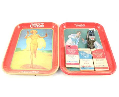 Two Coco Cola tin plate trays, three sets of Observers picture cards and a Matchbox Red Cross Army truck