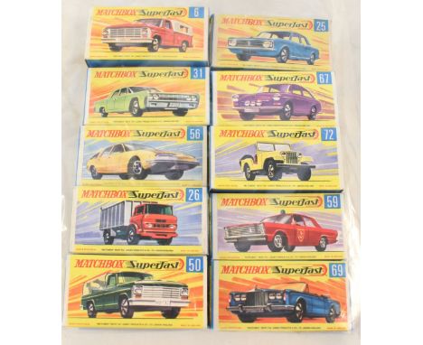 Ten Matchbox Superfast models, 59 Fire Chief cab, 69 Rolls Royce Silver Shadow, 67 V W 1600TL, 72 standard Jeep, 25 Ford Cort