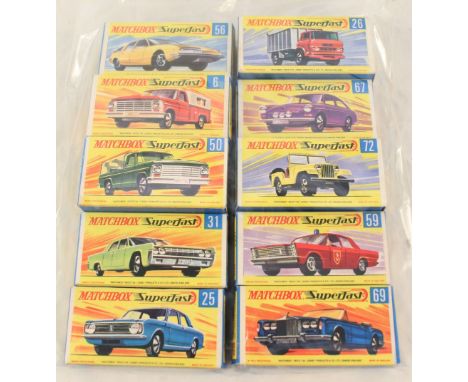 Ten Matchbox Superfast models, 59 Fire Chief cab, 69 Rolls Royce Silver Shadow, 67 V W 1600TL, 72 standard Jeep, 25 Ford Cort