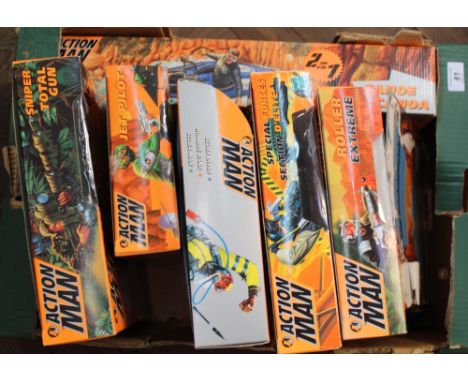 A boxed Action Man sniper, canoe, jet pilot, scuba diver, special forces, roller extreme plus a case of loose accessories