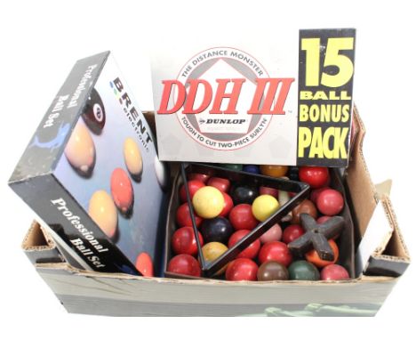 A set of pool balls, various others plus a box of Dunlop golf balls
