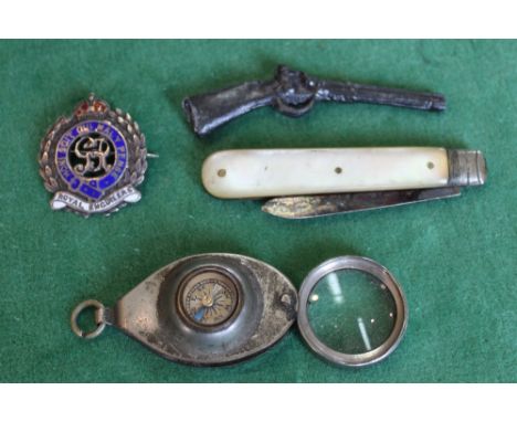 A mixed lot including a silver Royal Engineers sweetheart brooch and a compass