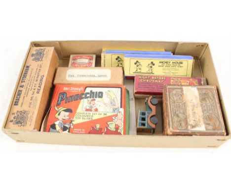Coloured lantern slides including Transvaal war, three boxed Mickey Mouse etc