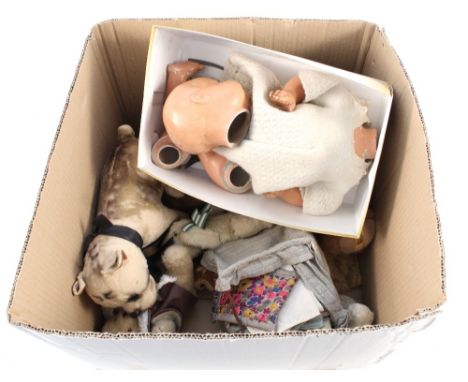 Various bears, glove puppet, dog radio etc plus a composition doll (as found)