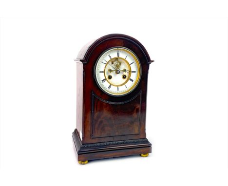 VICTORIAN MAHOGANY MANTEL CLOCK, two train eight day movement by L. Marti, the white enamel dial with Roman numerals, visible