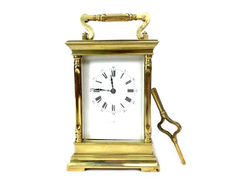 LATE VICTORIAN FRENCH CARRIAGE CLOCK BY HENRY MARC, the white enamel dial with Roman and Arabic numerals, two train eight day