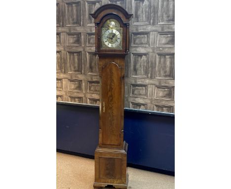 EARLY 20TH CENTURY GRANDMOTHER CLOCK, with three train eight day movement, the brass dial with silvered Roman and Arabic nume