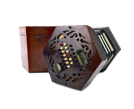 VICTORIAN FORTY-SIX BUTTON CONCERTINA, by Louis Lachenal, no. 7356, with fretted mahogany ends, leather bellows