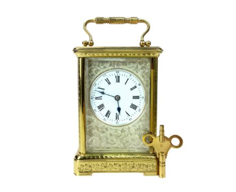 LATE 19TH CENTURY FRENCH CARRIAGE CLOCK, by Richard and Co., with two train eight day movement, the white enamel dial with Ro