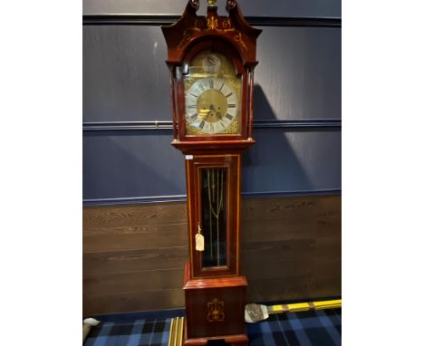 EDWARDIAN MAHOGANY LONGCASE CLOCK, with three train eight day movement, the gilded dial with silvered Roman and Arabic numera