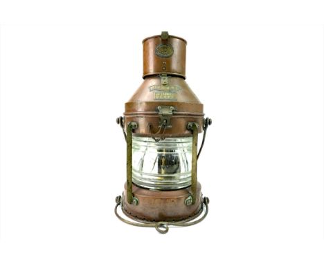 EARLY 20TH CENTURY SHIP'S ANCHOR LAMP, by William Harvie of Birmingham, 'Meteorite 74477', the copper body with brass plaques