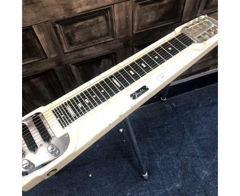 FENDER LAP (CONSOLE) GUITAR, with six strings, applied maker's plaquette, 78cm wide, on chrome tripod supports