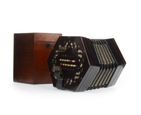 EARLY 20TH CENTURY FORTY-EIGHT BUTTON CONCERTINA, by Lachanal &amp; Co., no. 49750, fretted mahogany ends, 16cm wide, contain