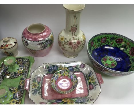 A collection of maling ware including bowls and vases and a zsolnay vase