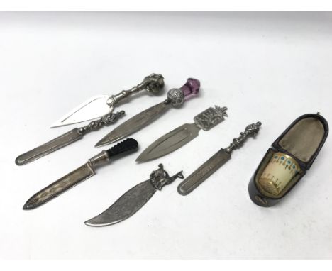 A Worcester thimble together with a collection of mainly silver bookmarks.