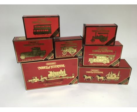 A collection of boxed Matchbox Models of Yesteryear including YS16 scammell truck with locomotive, passenger coach and horses