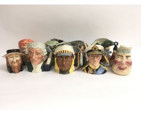 A collection of seven Royal Doulton character jugs, a Kingston Pottery character jug and a Sarreguemines character jug, to in
