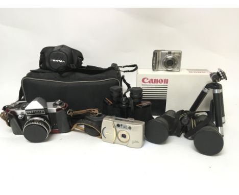 A box containing camera and visual equipment to include a cased Praktica Super TL and a cased pair of Miranda binoculars.