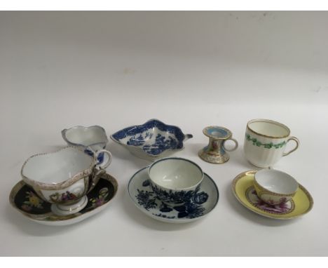 A small group of 18th and 19th century English and continental porcelain including a Worcester tea bowl and saucer, pickle di