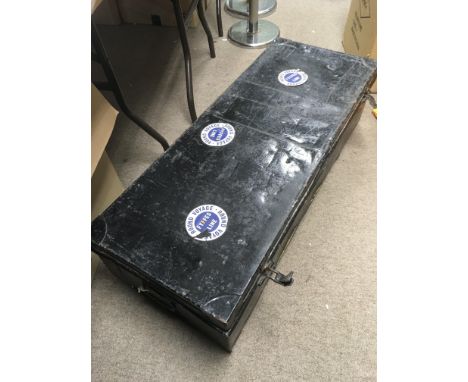 A black painted naval trunk, approx 106cm x 43cm x 28cm.