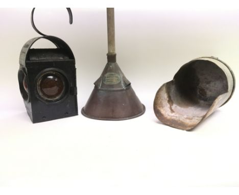 Vintage road lamp, washing dolly and corn scoop.