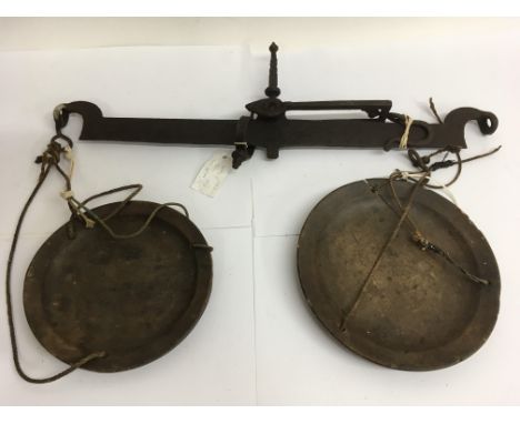 A pair of iron and wood weighing scales, slightly a/f