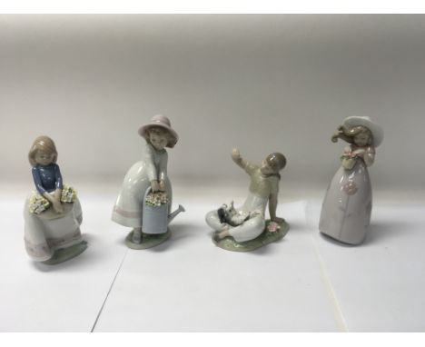 A collection of four Lladro figures to include No. 7711 “Playtime with petals” and No. 5467 “Mayflow”