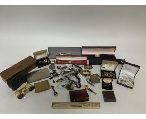 A collection of costume jewellery and watches, one by Rotary, silver odds and a pair of opera glasses