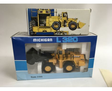 2 boxed Michigan Clark diecast models including L320 and 175c together with 2 Euclid boxed diecast models including a Joal co