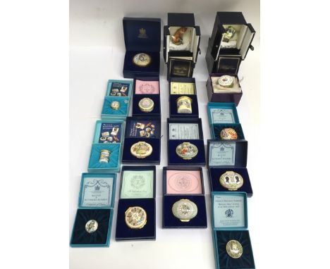 A similar collection of sixteen boxed Halcyon Days and Bilston Enamels patch boxes, all boxed, largely with certificates