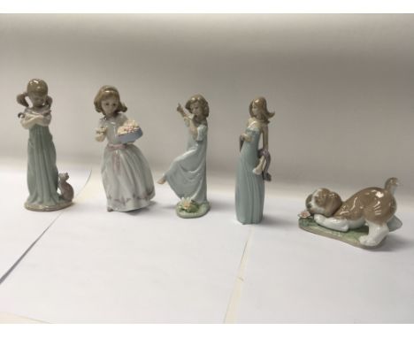 A collection of five Lladro figures including No 6832 “A sweet smell” and No. 5743 “Don’t forget me”