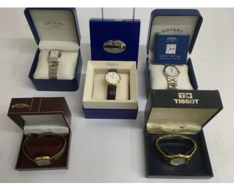 Five boxed gent's watches comprising three Rotary and two Tissot, sold as seen