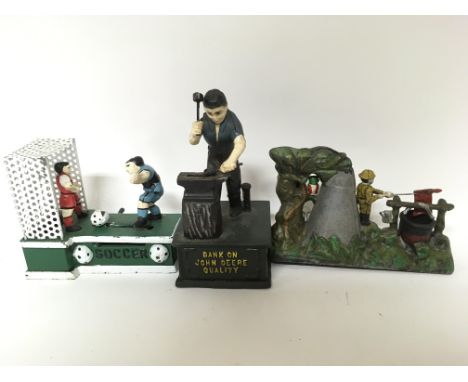 A box containing eight vintage cast iron money boxes including Soccer, Little Joe, John Deere, Professor Pug Frogs Great Bicy