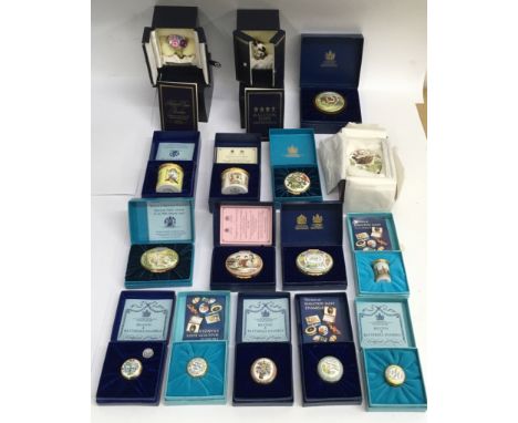A collection of sixteen boxed Halcyon Days and Bilston Enamels patch boxes, all boxed, largely with certificates