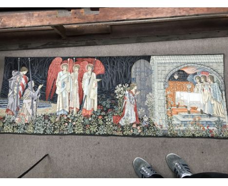 A tapestry depicting a vision of the Holy Grail, size approx 186x67cm and one other.